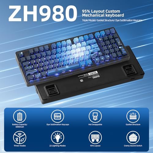 ZORNHER ZH980 Mechanical Keyboard,95% Blue Creamy Keyboard with Number Pad,Hot-Swappable Custom Gaming Keyboard,Shine Through Dye Sublimation PBT Keycaps,Creamy Sounding Linear Switches - Image 2