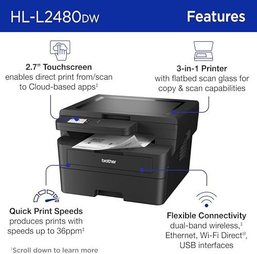 Brother HL-L2480DW Wireless Compact Monochrome Multi-Function Laser Printer with Copy and Scan, Duplex, Mobile, Black & White | Includes Refresh Subscription Trial(1), Works with Alexa - Image 3