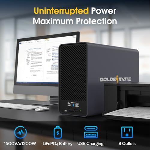 GOLDENMATE 1500VA/1200W Lithium UPS Battery Backup & Surge Protector, Gray - Image 2