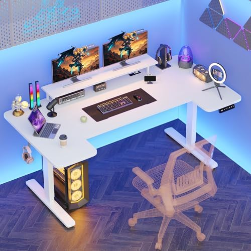 EnHomee 71 x 36 Inch U Shaped Electric Standing Desk, Height Adjustable Desk with Power Outlet, 3 Memory Height Preset,Monitor Shelf for Home Office Work Study Gaming, White - Image 2