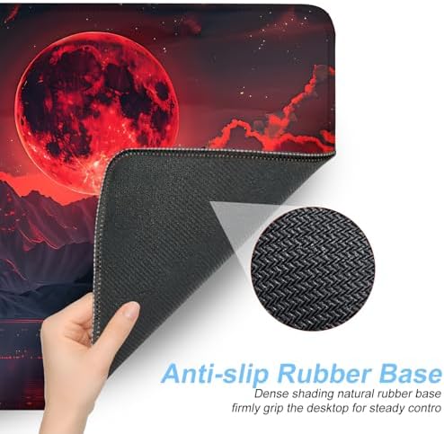 Red Moon Mouse Pad XXL – Large Gaming Desk Mat with Dark Mountain Landscape & Sakura Tree, Extended Mousepad with Non-Slip Base for Office, Gamer Setup,31.5 x 11.8 in - Image 3