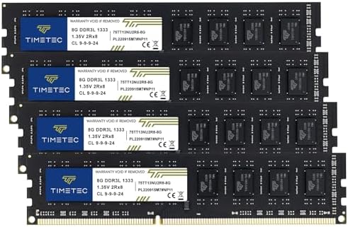 Timetec 32GB KIT(4x8GB) DDR3 / DDR3L 1333MHz PC3-10600 Non-ECC Unbuffered 1.5V / 1.35V CL9 2Rx8 Dual Rank 240 Pin UDIMM PC Desktop Computer Memory RAM Module Upgrade (32GB KIT(4x8GB)) by Timetec