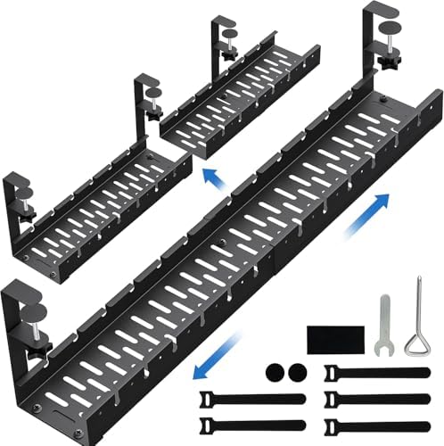 No Drilling Extendable Under Desk Cable Management, Metal Cable Management Tray Under Desk with Clamp, Retractable Power Strip Cord Holder for Wire Management 31Inch(1 Pack Black Extendable 31') by BIWIST