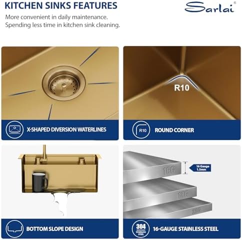 Sarlai Outdoor Sink, 21x19 Inch Gold Undermount Kitchen Sink Workstation with Foldable Faucet Bar Prep Single Bowl Gold Kitchen Sinks16 Gauge Stainless Steel BBQ Sinks with Cover 21"x19"x9“ - Image 5