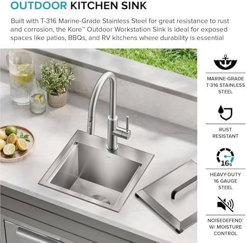 KRAUS Kore 15-inch Outdoor Drop In/Top Mount 16-Gauge Marine Grade T-316 Stainless Steel Single Bowl Workstation Kitchen Sink with Outdoor Sink Cover, KCA-1800 - Image 2
