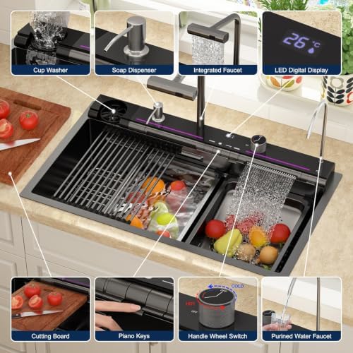 Lordear Drop In Kitchen Sink 33 inch Black Waterfall Sink T304 16 Gauge - Image 4