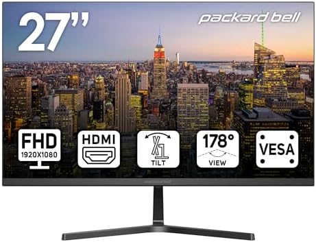Packard Bell airFrame 27" FHD Monitor, 1920x1080, Ultrawide, VESA Mount Compatible, Tilt Adjustment, HDMI/VGA, Slim Bezel, for Home, Office, and Light Gaming by PackardBell