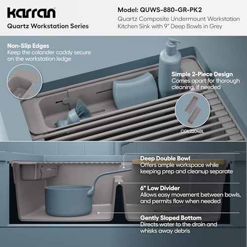 Karran 32.5 Inch Undermount Quartz Composite Workstation Kitchen Sink, 50/50 Double Bowl Low Divide with Color Matched Accessories, Cutting Board, Drying Mat, Colander & Strainers Grey - Image 6