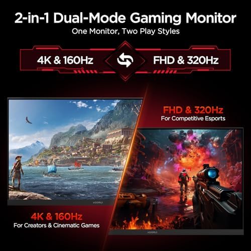 KOORUI 27" 4K Gaming Monitor - Dual Mode UHD 160Hz or FHD 320Hz, Fast IPS 1ms, FreeSync Premium & G-SYNC Compatible, HDMI 2.1/DP 1.4, HDR400, Height/Pivot/Tilt Adjustable, PC & Console Ready, G2741L - Image 2