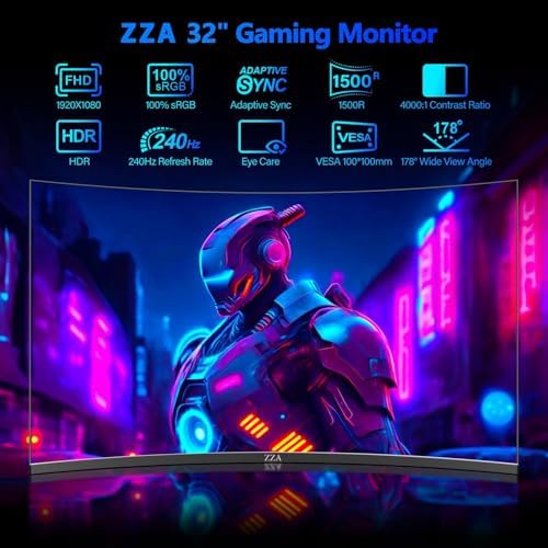 ZZA 32" Curved Gaming Monitor FHD 1080p 240Hz 1ms VA 1500R – 4000:1 FreeSync & G-SYNC Compatible, 100% sRGB HDR10 Low Blue Light, Crosshair Tilt PIP PBP, HDMI 2.0 DP 1.4 VESA 100×100 for PC PS5 Xbox - Image 2
