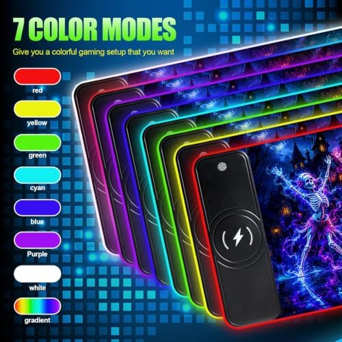 Wireless Charging RGB Gaming Mouse Pad Skull Dance 31.5 x 11.8 Inch Extended Mouse Mat with Neon Geometric Line Design, LED Desk Pad with 7 Lighting Modes, Non-Slip Base for Gaming & Office - Image 4