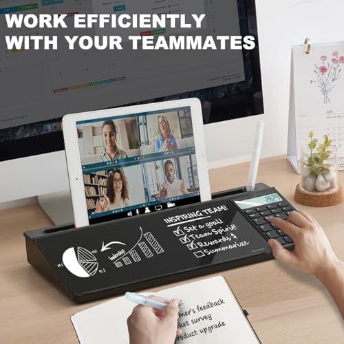 Small Glass Desktop Whiteboard Dry-Erase-Board - Computer Keyboard Stand with Calculator White Board Surface Pad with Drawer, Desk Organizers with Accessories for Office, Home, School Supplies - Black - Image 2