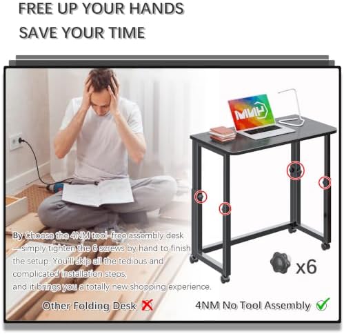 4NM No Tool Assembly 27.5" Small Desk, Folding Portable Desk with Wheels, Foldable Computer Home Office Desks, Collapsible Study Writing Table for Space Saving Bedroom - All Black - Image 6