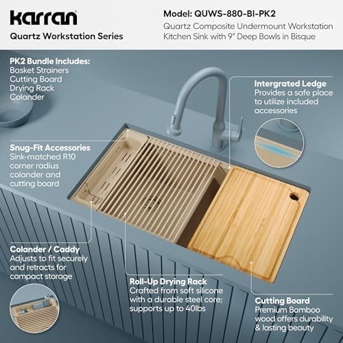 Karran 32.5 Inch Undermount Quartz Composite Workstation Kitchen Sink, 50/50 Double Bowl Low Divide with Color Matched Accessories, Cutting Board, Drying Mat, Colander & Strainers Bisque - Image 3