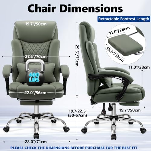 Ergonomic Executive Office Chair PU Leather High Back, 400lbs Heavy Duty Reclining Desk Chair with Footrest, Adjustable Lumbar Support, Padded Armrests, Wide Seat, Green - Image 2