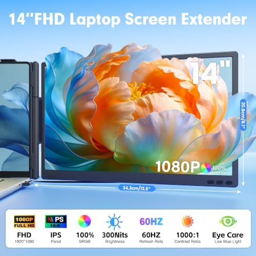 14.2" Laptop Screen Extender, Ultra-Thin & Ultra-Portable Dual Portable Monitor with 1080P FHD IPS, USB-C/HDMI Plug-Play Second Monitor fit 13-17'' Laptops (Win/Mac/Chrome/Android) - Image 3