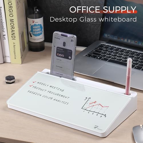TOWON Compact Glass Desktop Whiteboard with Storage 12x7 in, White - Image 2