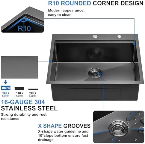 28x22 Black Drop in Workstation Kitchen Sink, Scamall 28x22x10 In 16 Gauge Black Stainless Steel Kitchen Sink with Workstation Topmount Single Bowl Sink Deep with Accessories - Image 3