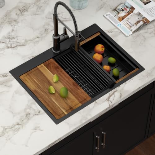 30 Inch Black Drop In Kitchen Sink Workstation with Accessories by Couoko