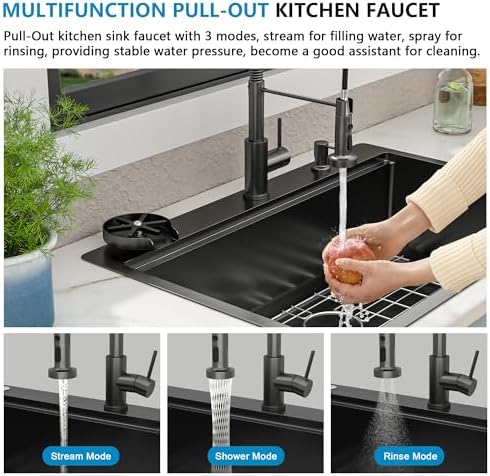 33"x22" Drop In Kitchen Sink with Faucet Combo & Glass Rinser - Image 6