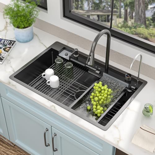 33"x22" Drop In Waterfall Kitchen Sink - Gunmetal Black NANO-PVD, 16 Gauge 304 Stainless Steel, Ledge Workstation Single Bowl Top Mount Smart Waterfall Sink with Faucet Combo & Glass Rinser by FULORNI