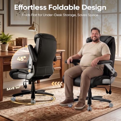 600LBS Large Big and Tall Office Chair, Heavy Duty Wide Ergonomic Gaming Office Chair with 5D Flip Arms, Comfy PU Leather Executive Office Desk Chair, Extra Wide Padded Seat, Adjustable Lumbar - Image 6