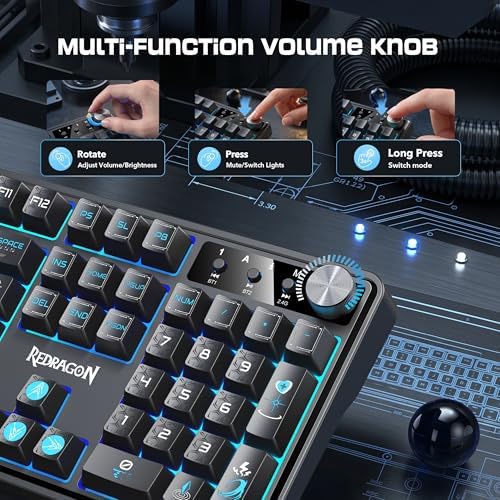 Redragon RM104 Wireless Gaming Keyboard with Knob, Tri-Mode BT/2.4G/USB-C RGB Computer Keyboards, 4000mAh Battery, Programmable Software Support, Anti-Ghosting, Compatible with PC Mac - Black & Blue - Image 4