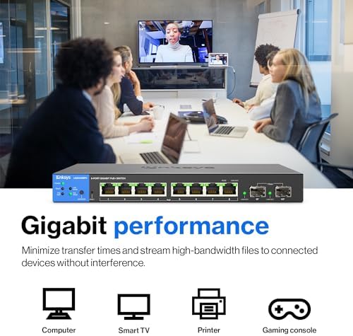 Linksys LGS310MPC 8 Port Gigabit Network PoE+ Switch @ 110W with 2 Uplink Gigabit SFP Slots - Advanced Security, QoS, Static Routing, VLAN, IGMP Features - Metal Housing, Desktop / Wall Mount - Image 3