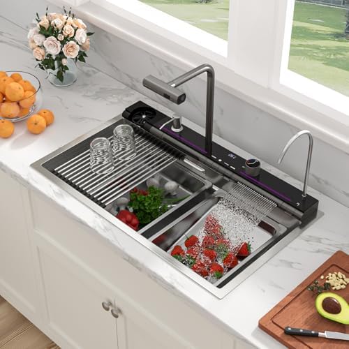 Sarlai 30 Inch Waterfall Kitchen Sink - 30x19 Inch Drop In Workstation Sink With Waterfall Stainless Steel 16 Gauge Multifunction Single Bowl Top Mount Kitchen Sinks with HoneyComb Finish - Image 3