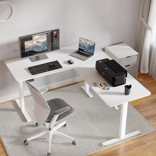 Cubiker L Shaped Standing Desk - 63 x 55 Inch Electric Adjustable Height Corner Standing Desk, Ergonomic Sit Stand Up Table with 3 Memory Buttons, Splice Board for Home Office, White - Image 2