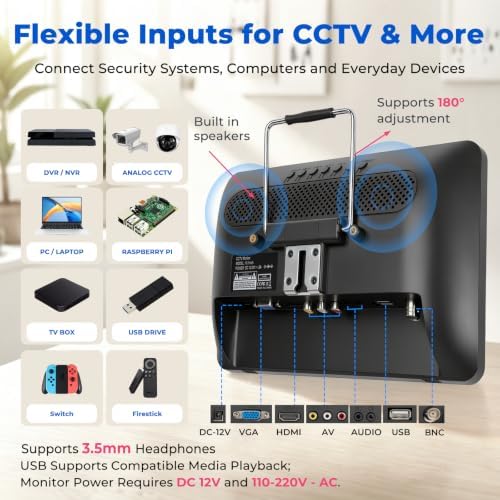 othoig 10.1 Inch Security Monitor, 1366x768 IPS Small HDMI Monitor with Built-in Speakers and Remote Control, HDMI VGA BNC AV Inputs and USB Port for CCTV Surveillance, DVR, NVR, PC, Raspberry Pi - Image 4