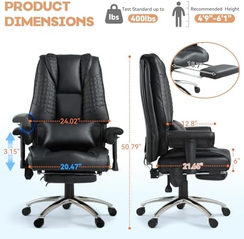 Vibration Massage Heated Office Desk Chair with Foot Rest, Black - Image 3