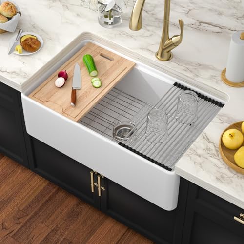 White Farmhouse Sink Workstation 33 Inch White Apron Front Fireclay Farm Sink Round Corner Apron Ceramic Single Bowl Sink Large Deep Farm Kitchen Sinks with Luxury Accessories, 33" x 20" x10" by Couoko