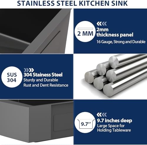30 Black Farmhouse Sink - Lordear 30 inch Farm Kitchen Sink Workstation Apron Front 16-Gauge Gunmetal Black Stainless Steel Single Bowl Deep Kitchen Farmer Sinks, 9" Apron Height - Image 5