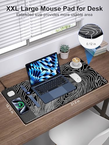 Mouse Pad with Wireless Charging, Large Desk Mat, Black Topographic Map #1 - Image 3