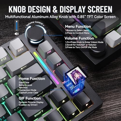 ATTACK SHARK X820 Ultra Wireless Mechanical Keyboard with TFT Smart Display&Knob,75% Bluetooth/2.4GHz/USB-C Wired Gaming Keyboard,Gasket-Mounted Linear Switch with Coiled Cable,for Win/Mac-Moonlit - Image 6