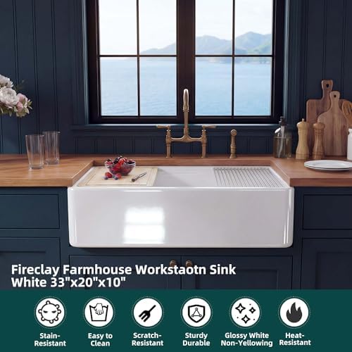 Miuara 33 x 20 Inch White Apron Front Farmhouse Workstation Kitchen Sink - Image 2