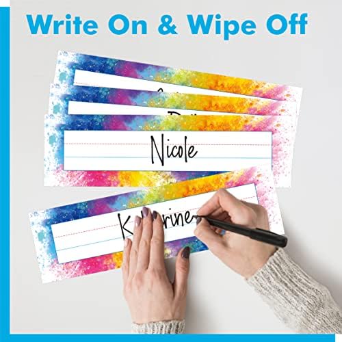 40PCS Desk Nameplates, Double Sided PET Film Desk Name Tags Student Name Labels Erasable & Reusable Traditional Manuscript Name Plates for School Classroom Organization (10” x 2.8”, Watercolor) - Image 4