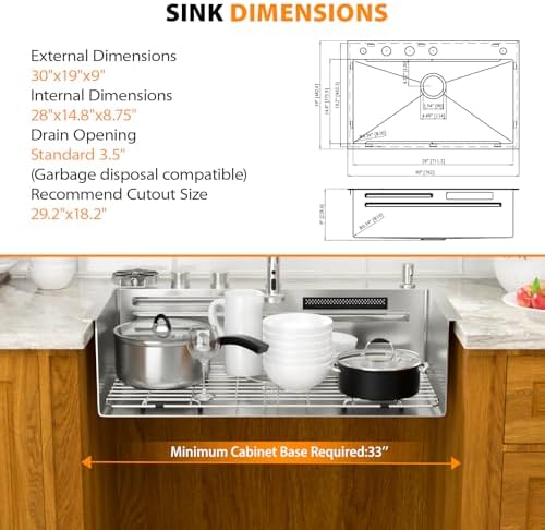 Mocoloo 30 Inch Honeycomb Waterfall Kitchen Sink Drop in, 30x19 Inch Stainless Steel Workstation Sink 16 Gauge Topmount Single Bowl Sink with Complete Kit - Image 2