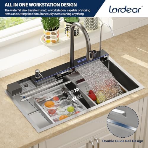 Lordear 33 Inch Drop In Smart Kitchen Sink with Waterfall Faucet - Image 6