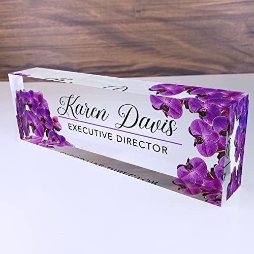 Artblox Office Desk Name Plate Personalized | Custom Name Plates for Desks | Purple Orchid Design On Clear Acrylic Glass | Office Desk Decor - (8" x 2.5") by Artblox
