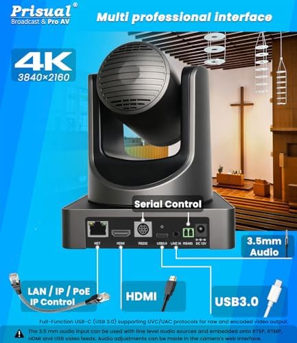 Prisual 4K HDMI/IP/USB PTZ Camera 20X, Advanced PTZ Auto Tracking Camera, 1/1.8”4K UHD 30P with Built-in Tally Light for Church Conference Events, PoE, PT20X-4K (NDI upgradable) - Image 2