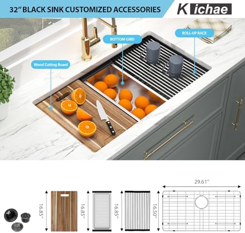 Kichae 32 Black Undermount Kitchen Sink Stainless 16 Gauge Workstation - Image 3