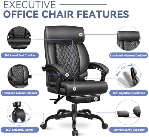 Office Chair, Big and Tall Office Desk Chair, Reclining Office Chair with Footrest Home Office Desk Chairs, High Back Ergonomic with Lumbar Support, Executive Leather - Image 6