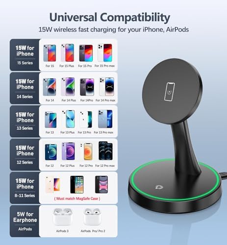 2 Pack 15W Magnetic Wireless Charger Stand for iPhone 18 Pro/18 Pro Max, iPhone 17/16/15/14/13/12 Series, Magnetic Charging Station with LED Light for AirPods - Image 7