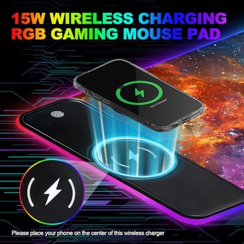 Wireless Charging RGB Gaming Mouse Pad, 31.5 x 11.8 Inch Extended Mouse Mat with Galaxy Nebula Design, LED Desk Pad with 7 Lighting Modes, Non-Slip Base for Gaming & Office - Image 6