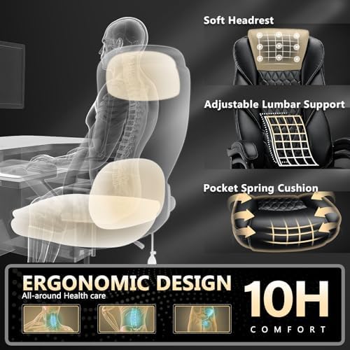 600lbs Big and Tall Office Chair with Pocket Spring Cushion, Ergonomic Heavy Duty Executive Office Desk Chair with Adjustable Lumbar Support, Large Comfy Computer Chair with Dual Rubber Wheel - Image 4
