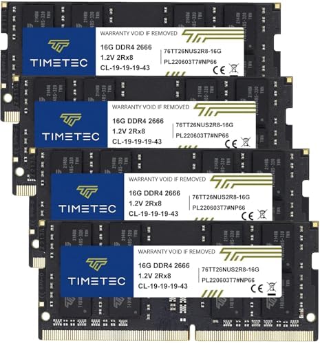 Timetec 64GB KIT (4x16GB) DDR4 2666MHz (PC4-2666V) PC4-21300 SODIMM Laptop RAM – 260-Pin 1.2V CL19 Non-ECC Unbuffered Memory Module for Laptop, Notebook, Mini PC, All-in-One by Timetec