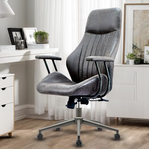 High Back Home Office Chair, Mid Century Vintage Executive Chair,Comfy Ergonomic Rolling Office Task Chair with Lumbar Support,Faux Leather Office Chair,Dark Gray by Eco-ChicLivingBeautifullyAffordable
