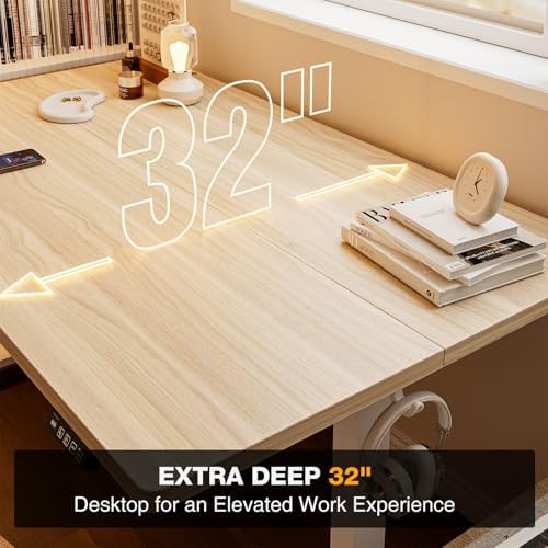 Grandder 55x32 Large Electric Standing Desk, Height Adjustable Computer Desk with 2 Memory Presets, 31.5" Deep Desktop Sit Stand Desk Home Office Desk Workstation Table with Hooks, Light Walnut - Image 5